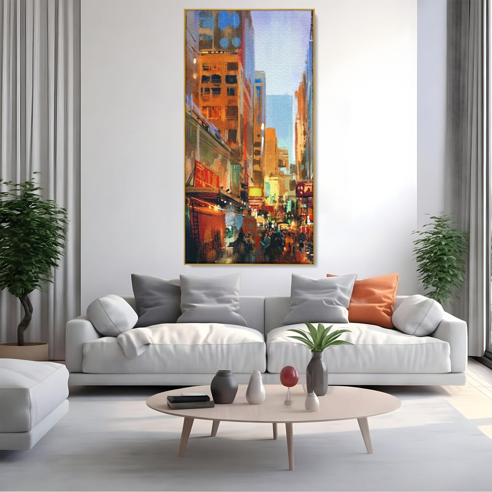 Tablou canvas cu pictura urbana cu strada din new york, in rama de aluminiu auriu, pe perete intr-un living