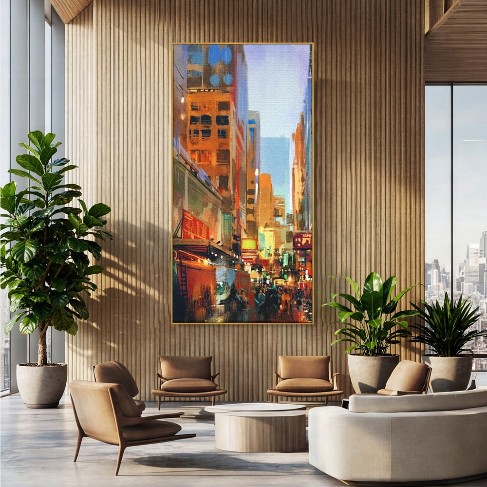 Tablou canvas cu pictura urbana cu strada din new york, in rama de aluminiu auriu, pe perete intr-un birou