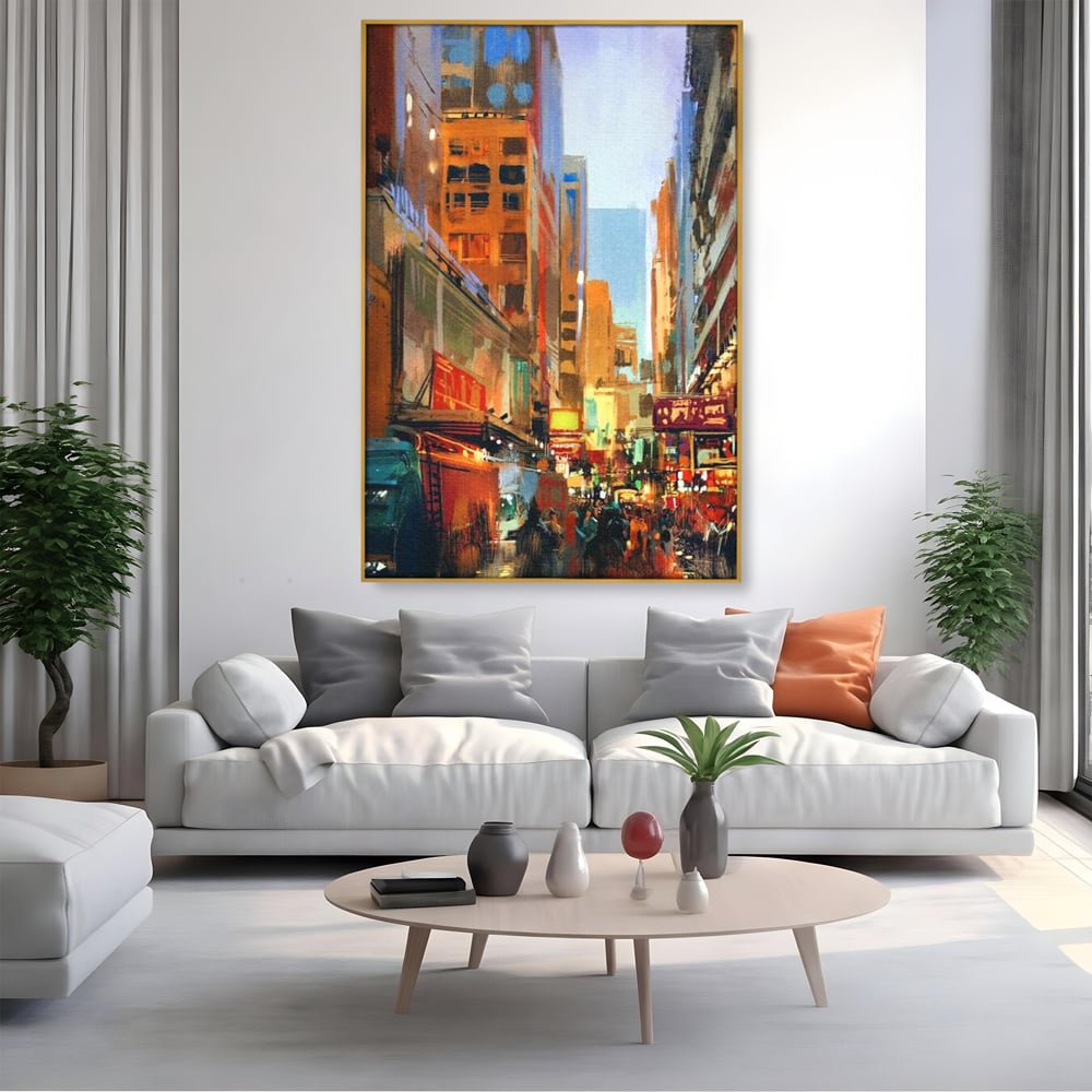 Tablou canvas cu pictura urbana cu strada din new york, in rama de aluminiu auriu, pe perete intr-un living