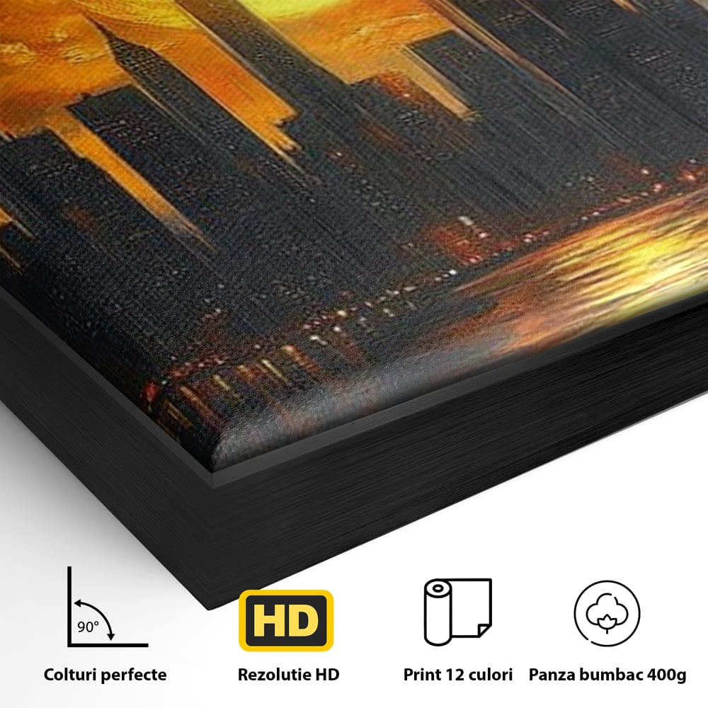 Detaliu al suprafetei: tablou canvas cu apus de soare deasupra metropolei, in rama de aluminiu negru