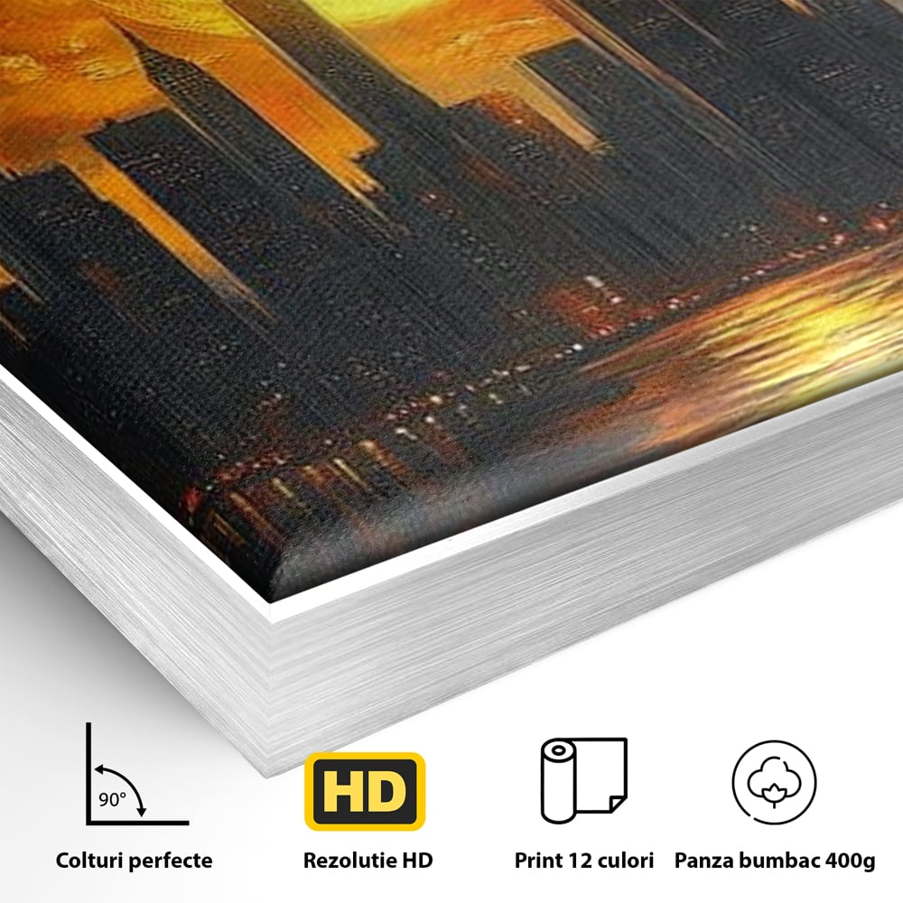 Detaliu al suprafetei: tablou canvas cu apus de soare deasupra metropolei, in rama de aluminiu argintiu