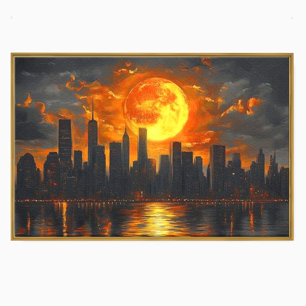 Tablou canvas cu tablou canvas cu apus de soare deasupra metropolei, in rama de aluminiu auriu