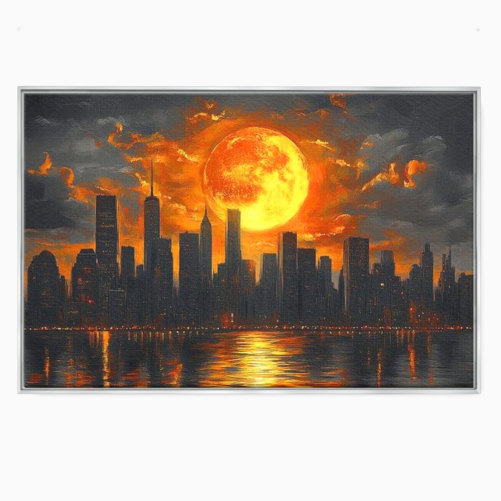 Tablou canvas cu tablou canvas cu apus de soare deasupra metropolei, in rama de aluminiu argintiu