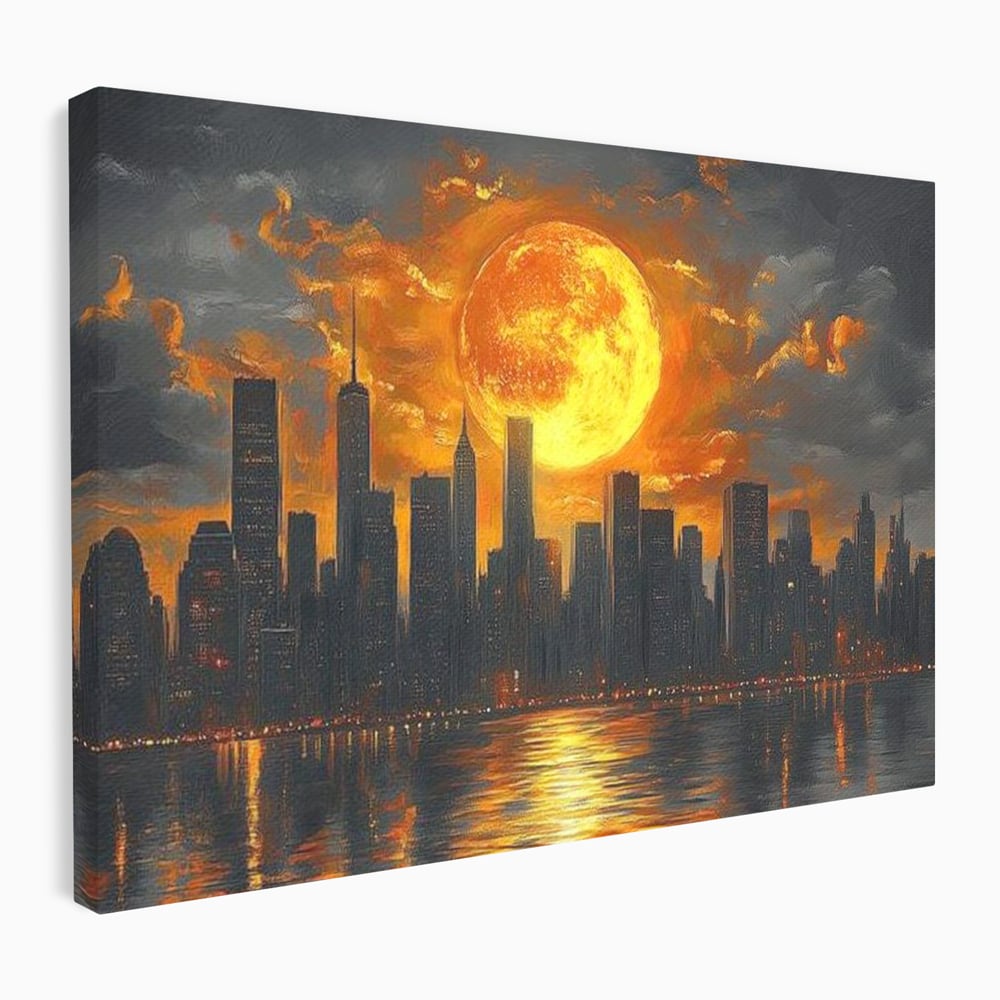 Tablou canvas cu tablou canvas cu apus de soare deasupra metropolei, fara rama, pe sasiu de lemn