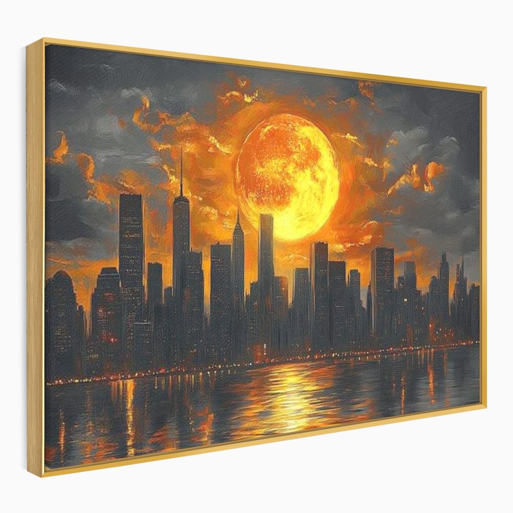 Tablou canvas cu tablou canvas cu apus de soare deasupra metropolei, in rama de aluminiu auriu