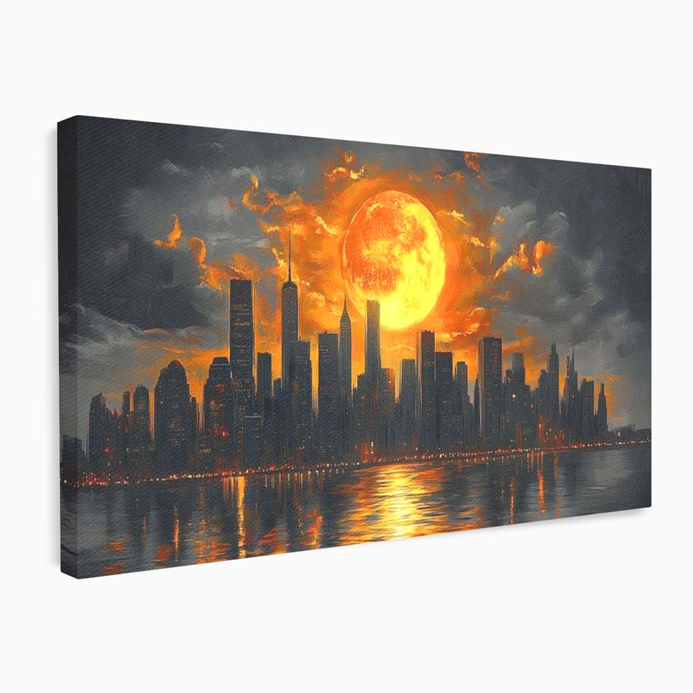 Tablou canvas cu tablou canvas cu apus de soare deasupra metropolei, fara rama, pe sasiu de lemn