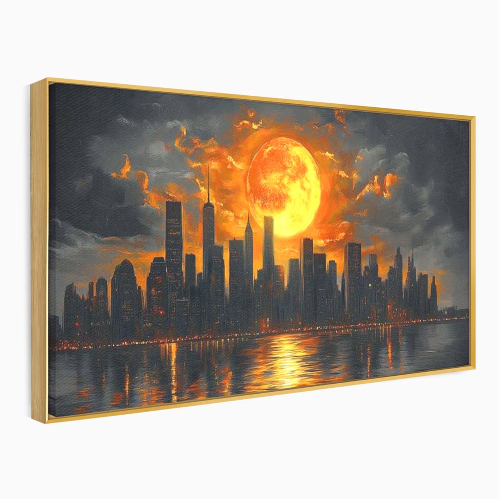 Tablou canvas cu tablou canvas cu apus de soare deasupra metropolei, in rama de aluminiu auriu