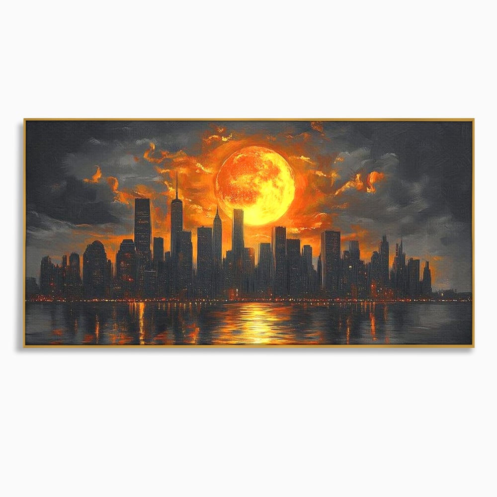 Tablou canvas cu tablou canvas cu apus de soare deasupra metropolei, in rama de aluminiu auriu