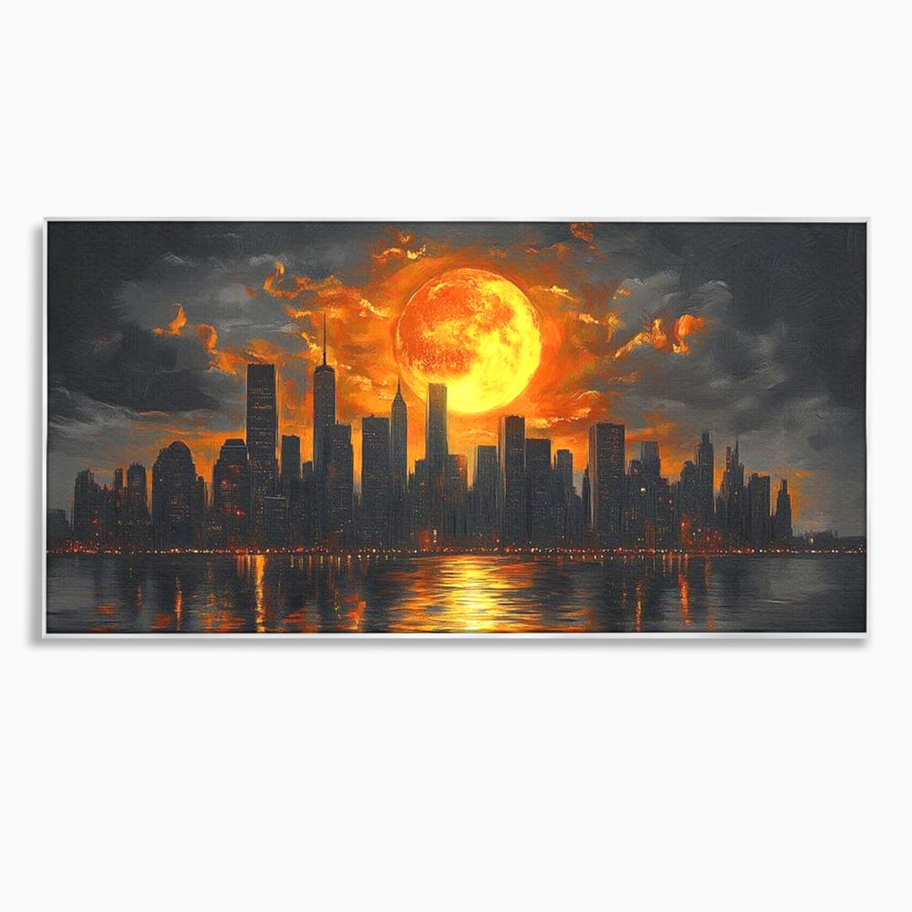 Tablou canvas cu tablou canvas cu apus de soare deasupra metropolei, in rama de aluminiu argintiu