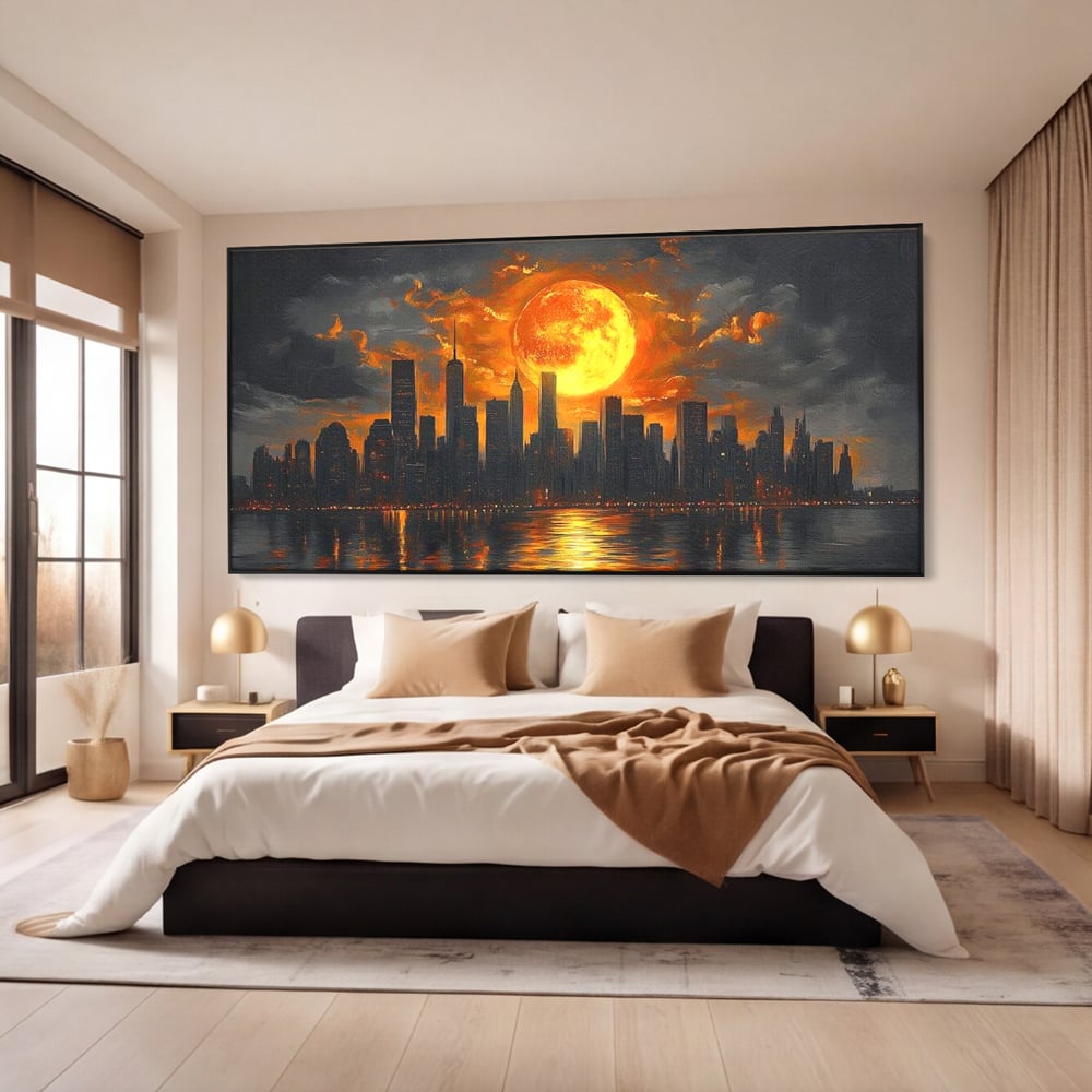 Tablou canvas cu tablou canvas cu apus de soare deasupra metropolei, in rama de aluminiu negru, pe perete intr-un dormitor