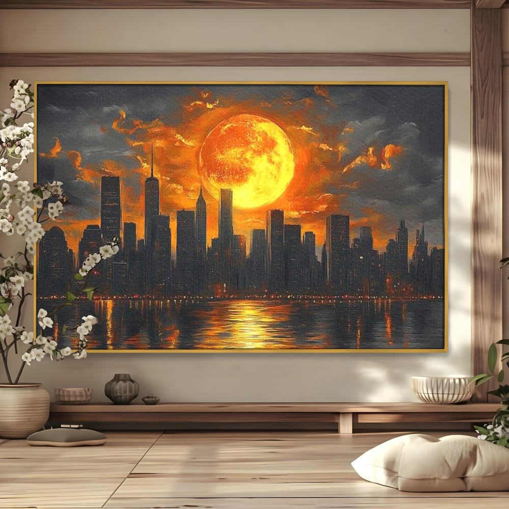 Tablou canvas cu tablou canvas cu apus de soare deasupra metropolei, in rama de aluminiu auriu