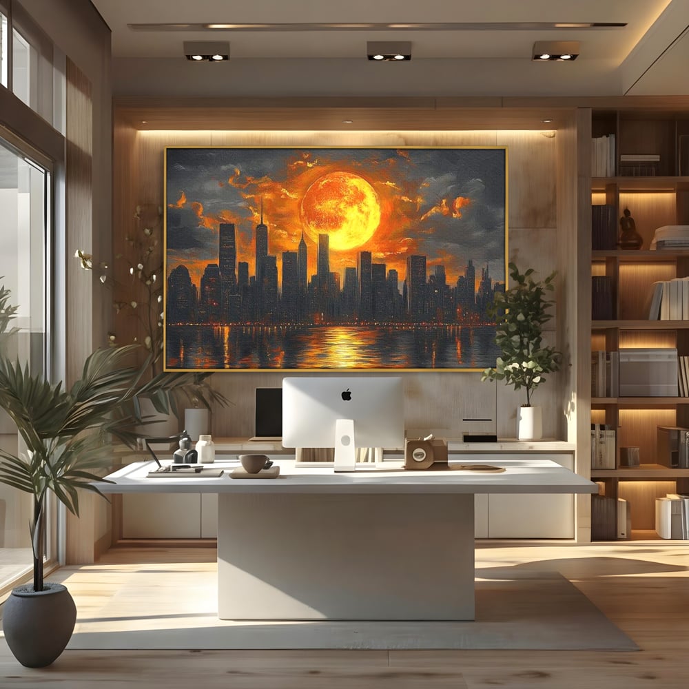 Tablou canvas cu tablou canvas cu apus de soare deasupra metropolei, in rama de aluminiu auriu, pe perete intr-un birou