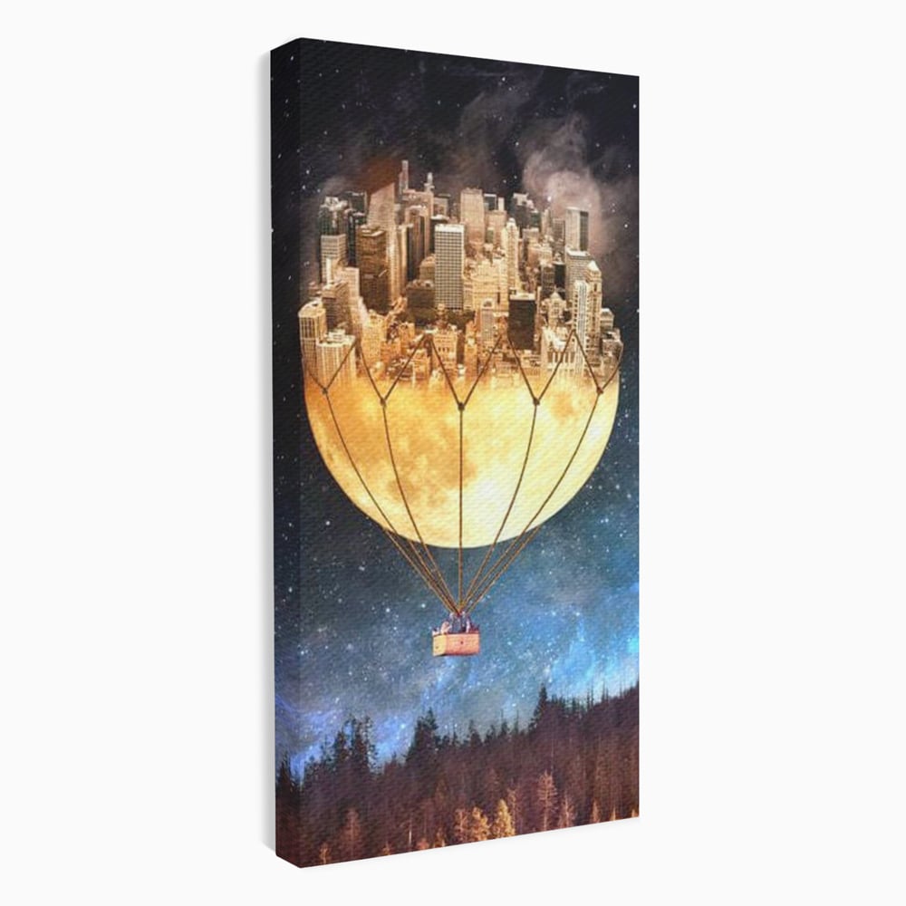 Tablou canvas cu ilustratie cu oras pe luna balon, fara rama, pe sasiu de lemn