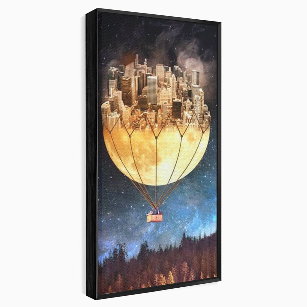 Tablou canvas cu ilustratie cu oras pe luna balon, in rama de aluminiu negru