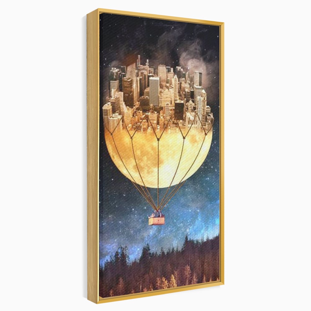 Tablou canvas cu ilustratie cu oras pe luna balon, in rama de aluminiu auriu