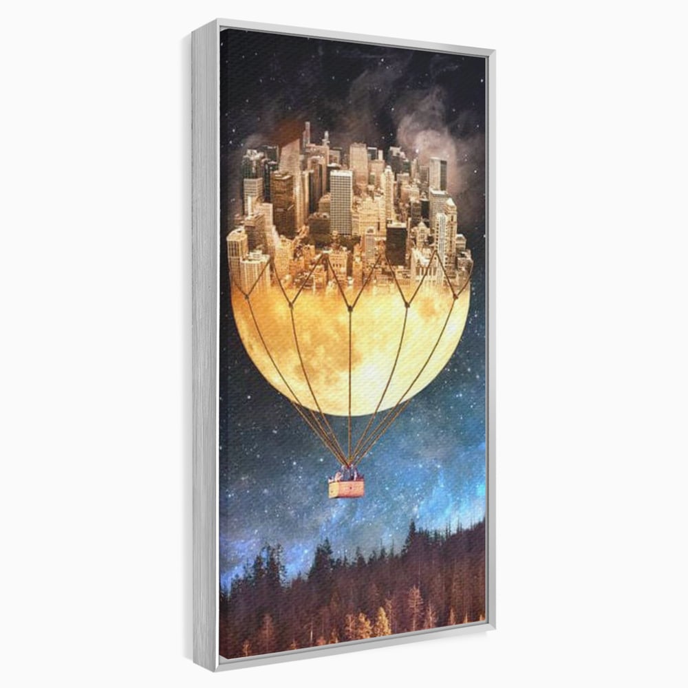 Tablou canvas cu ilustratie cu oras pe luna balon, in rama de aluminiu argintiu