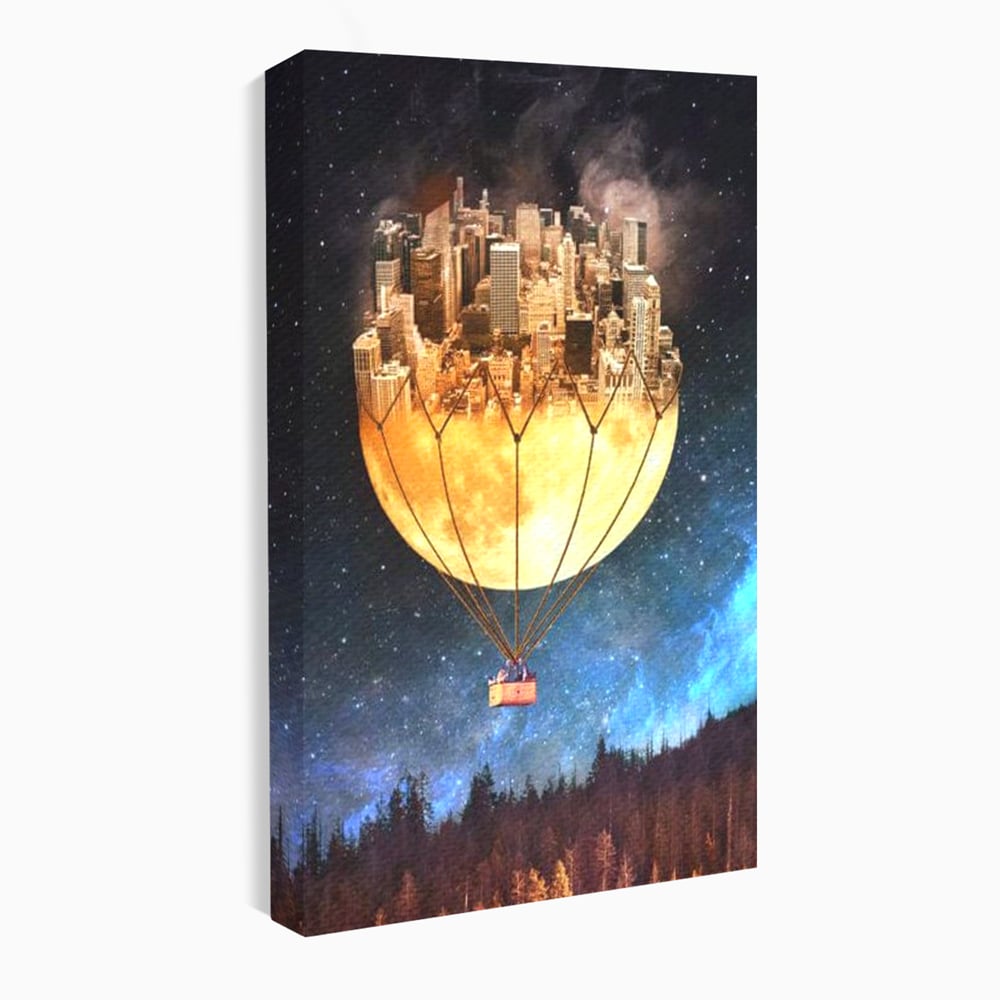 Tablou canvas cu ilustratie cu oras pe luna balon, fara rama, pe sasiu de lemn