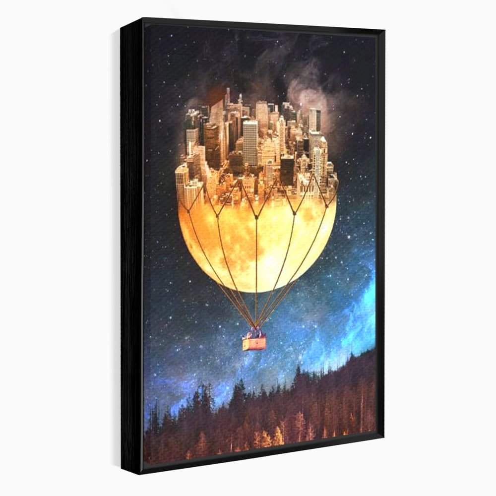 Tablou canvas cu ilustratie cu oras pe luna balon, in rama de aluminiu negru
