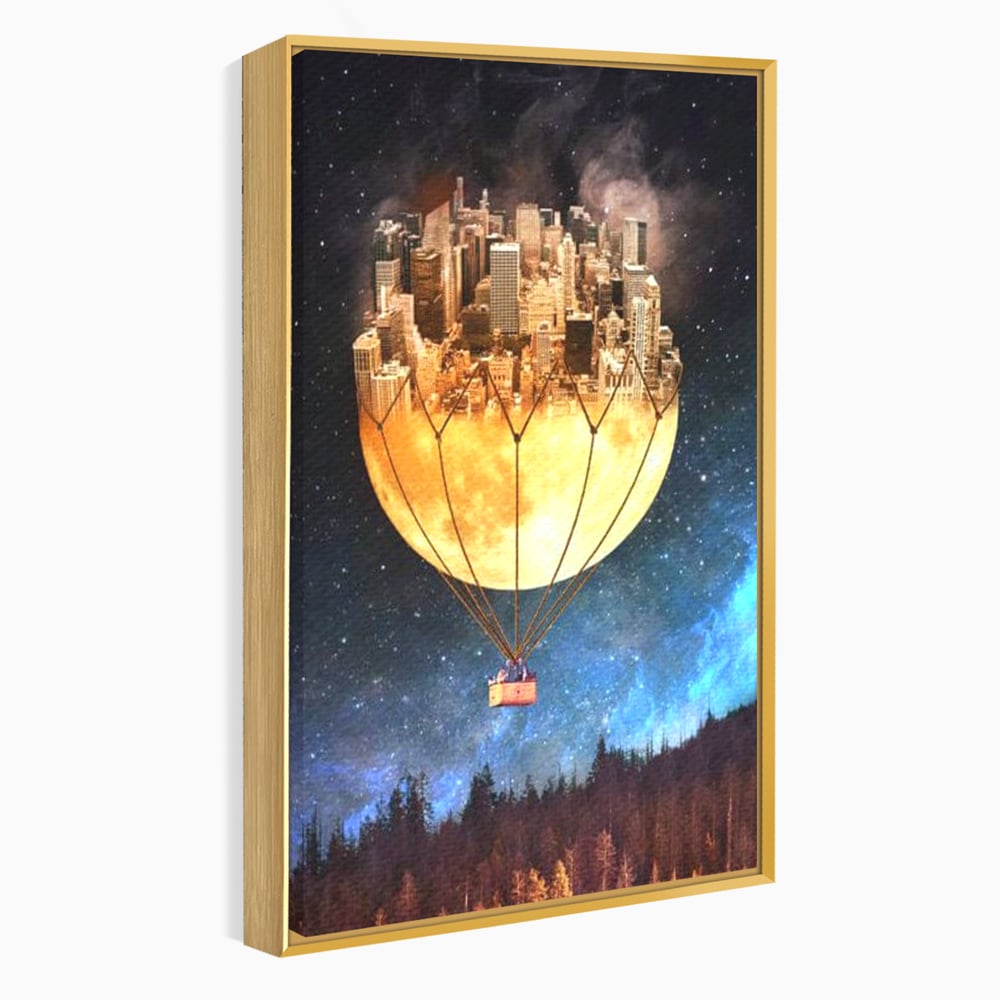 Tablou canvas cu ilustratie cu oras pe luna balon, in rama de aluminiu auriu