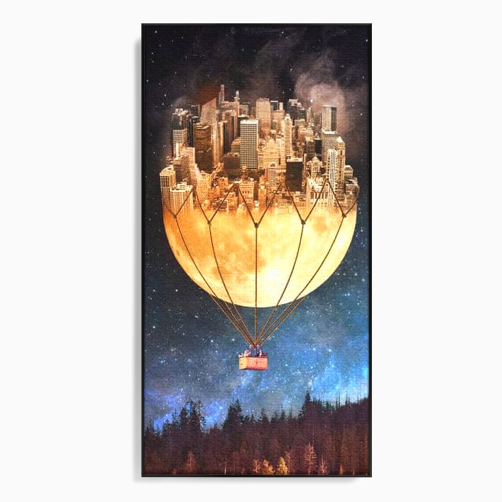 Tablou canvas cu ilustratie cu oras pe luna balon, in rama de aluminiu negru
