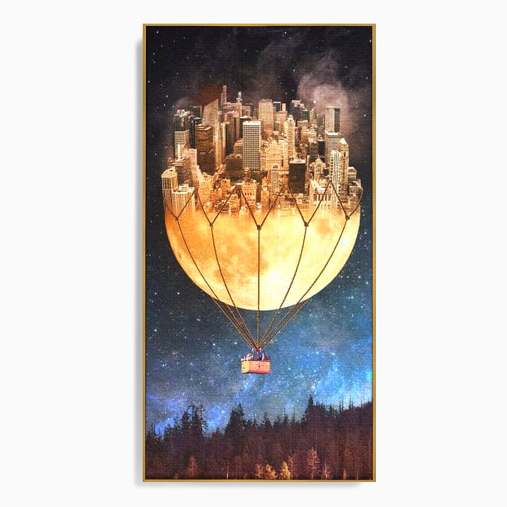 Tablou canvas cu ilustratie cu oras pe luna balon, in rama de aluminiu auriu