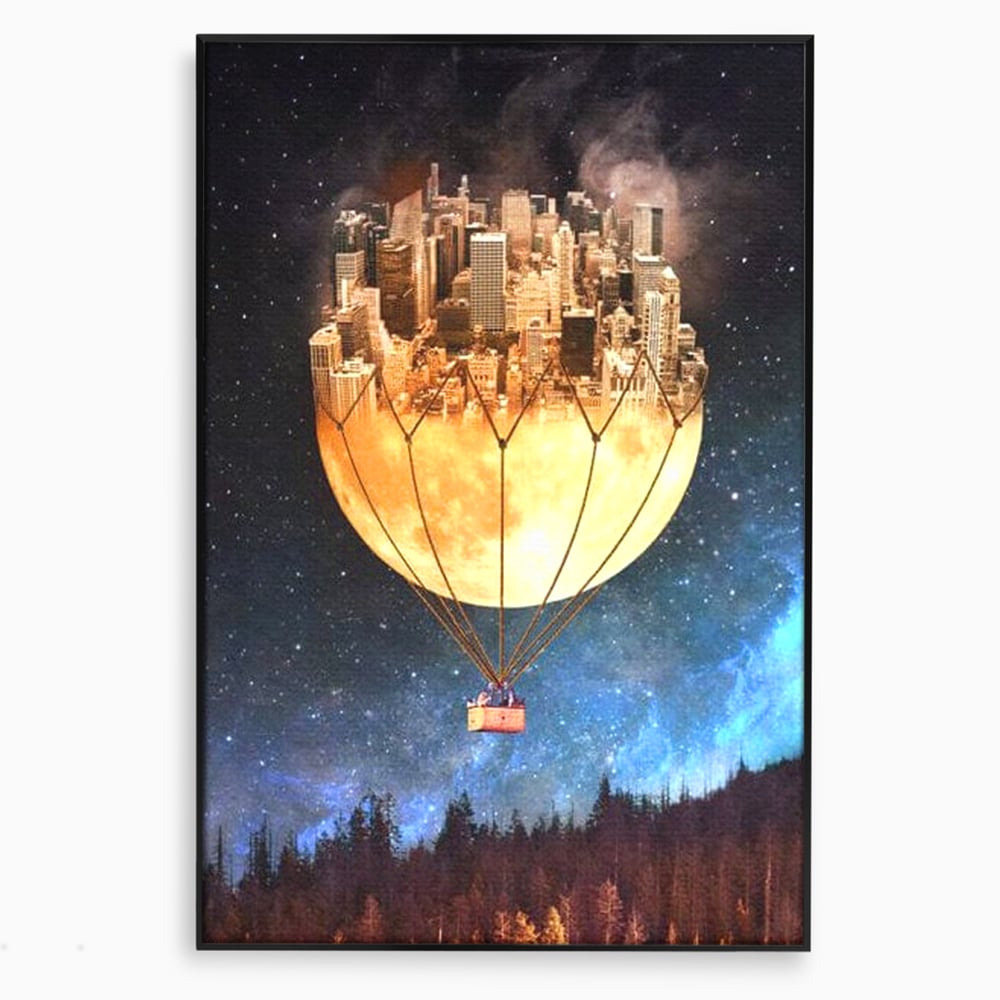 Tablou canvas cu ilustratie cu oras pe luna balon, in rama de aluminiu negru
