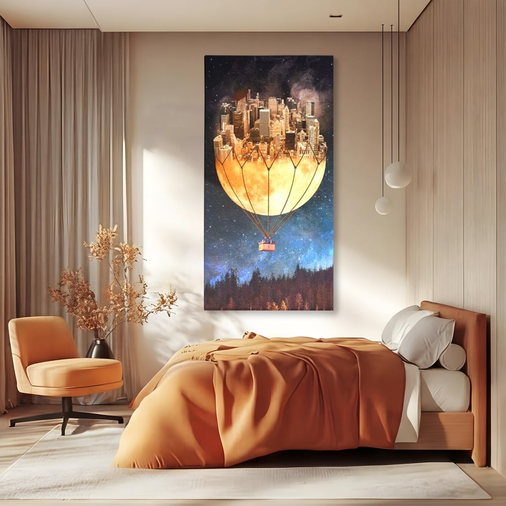 Tablou canvas cu ilustratie cu oras pe luna balon, fara rama, pe sasiu de lemn, pe perete intr-un dormitor