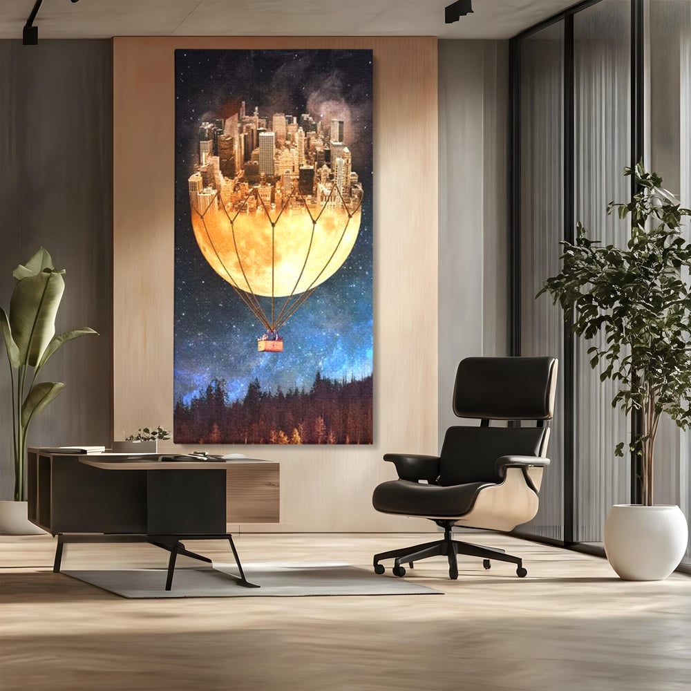 Tablou canvas cu ilustratie cu oras pe luna balon, fara rama, pe sasiu de lemn, pe perete intr-un birou