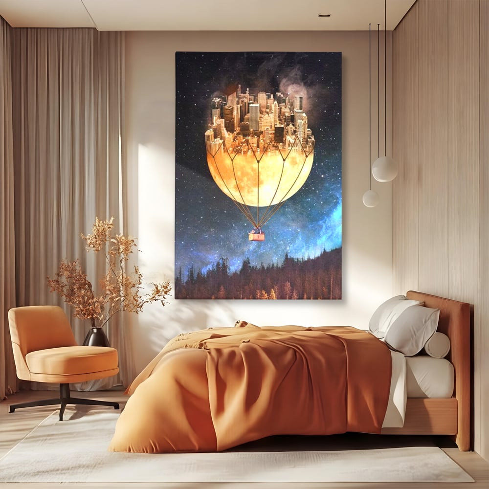 Tablou canvas cu ilustratie cu oras pe luna balon, fara rama, pe sasiu de lemn, pe perete intr-un dormitor