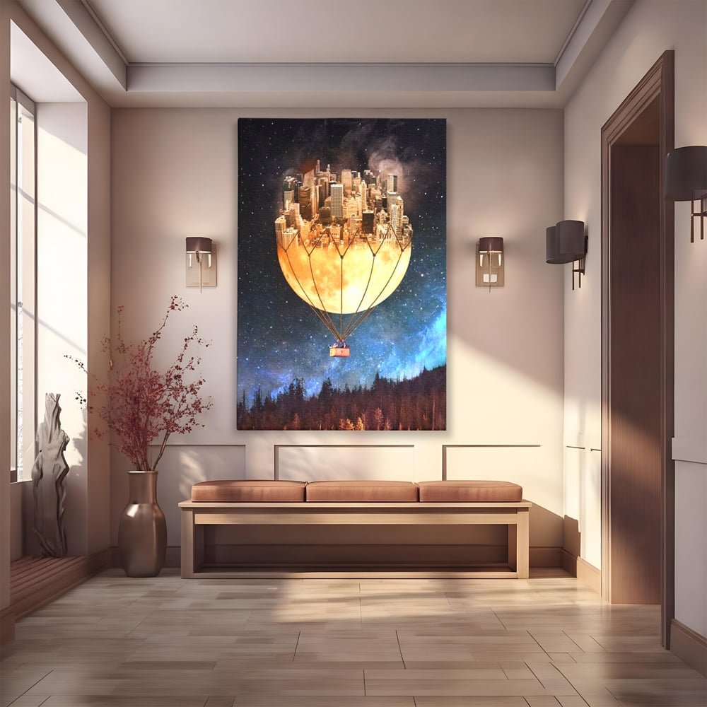 Tablou canvas cu ilustratie cu oras pe luna balon, fara rama, pe sasiu de lemn