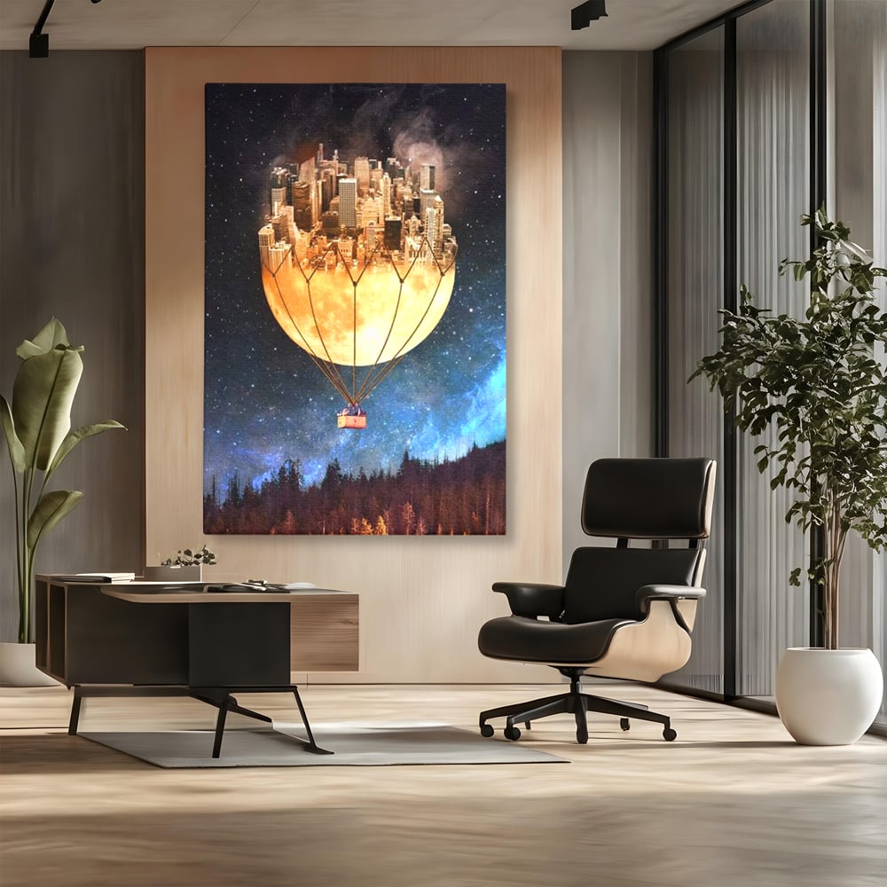 Tablou canvas cu ilustratie cu oras pe luna balon, fara rama, pe sasiu de lemn, pe perete intr-un birou