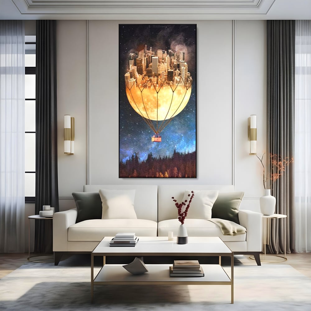 Tablou canvas cu ilustratie cu oras pe luna balon, in rama de aluminiu negru, pe perete intr-un living