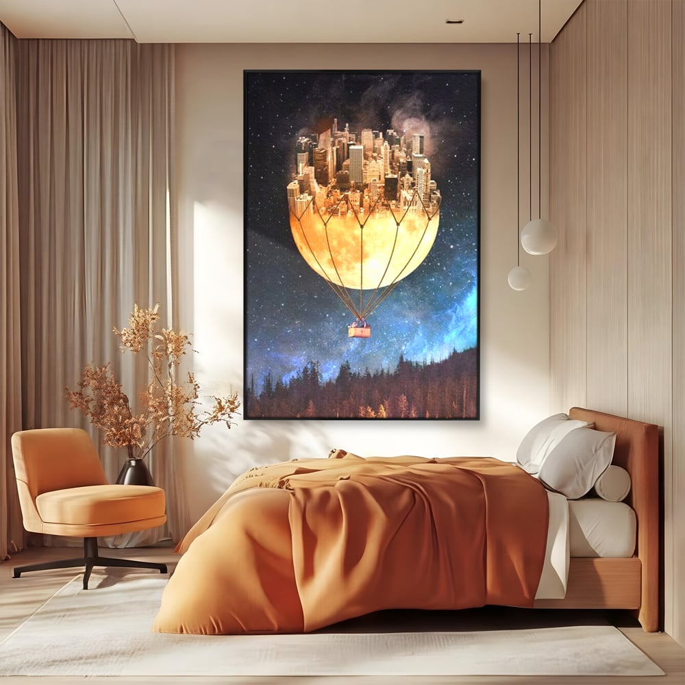 Tablou canvas cu ilustratie cu oras pe luna balon, in rama de aluminiu negru, pe perete intr-un dormitor