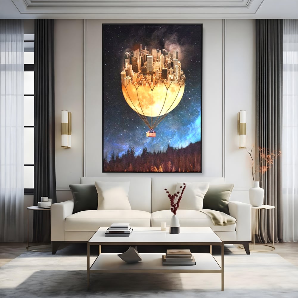 Tablou canvas cu ilustratie cu oras pe luna balon, in rama de aluminiu negru, pe perete intr-un living