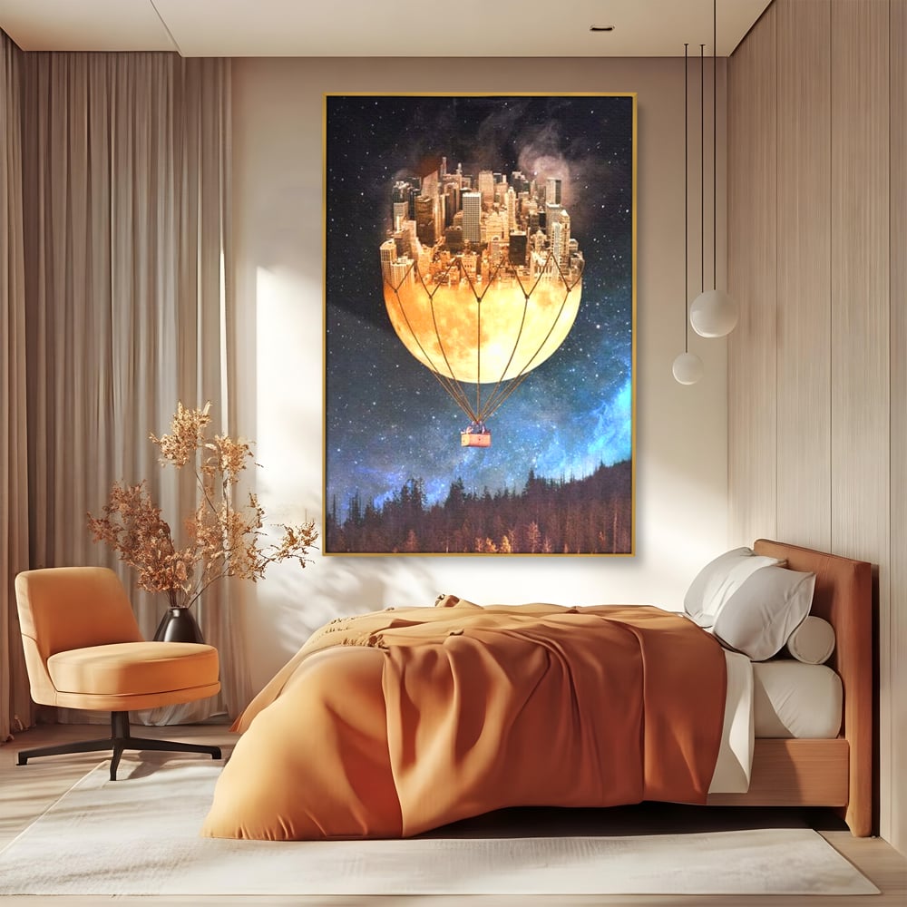Tablou canvas cu ilustratie cu oras pe luna balon, in rama de aluminiu auriu, pe perete intr-un dormitor