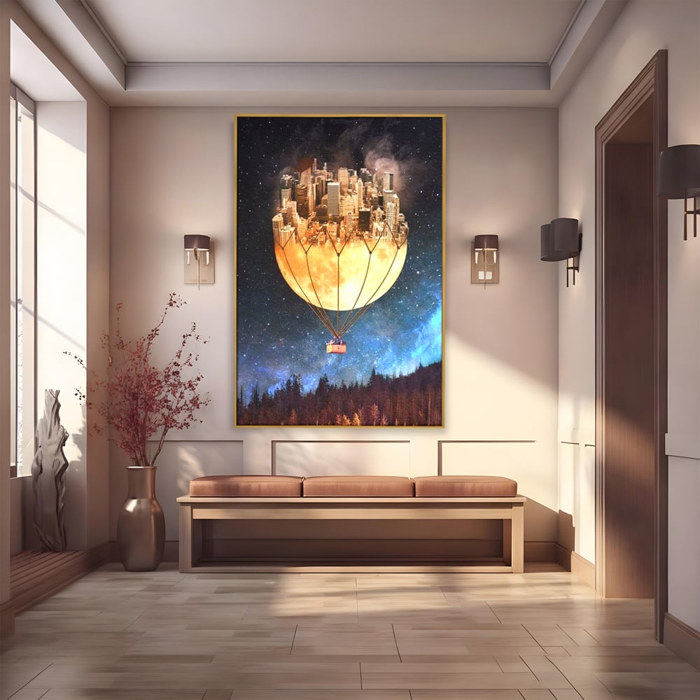 Tablou canvas cu ilustratie cu oras pe luna balon, in rama de aluminiu auriu