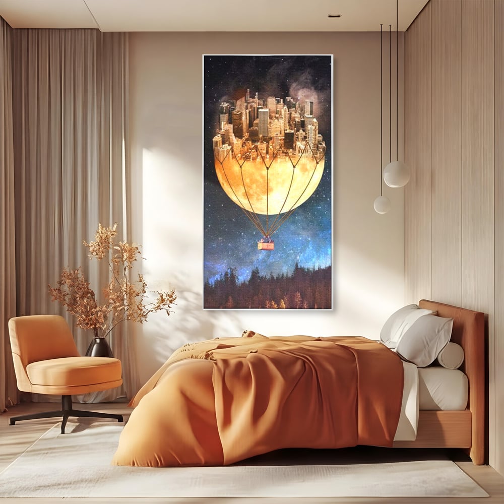 Tablou canvas cu ilustratie cu oras pe luna balon, in rama de aluminiu argintiu, pe perete intr-un dormitor