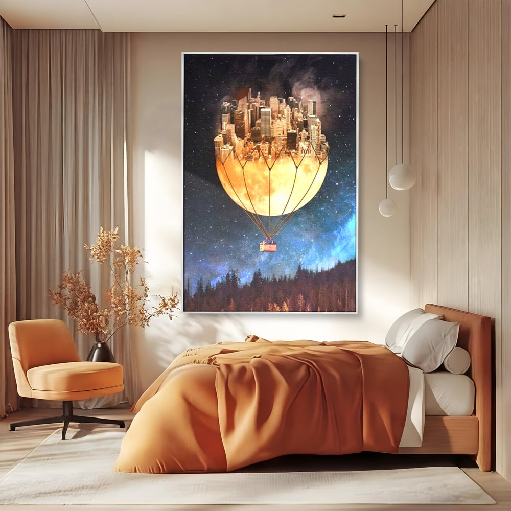Tablou canvas cu ilustratie cu oras pe luna balon, in rama de aluminiu argintiu, pe perete intr-un dormitor