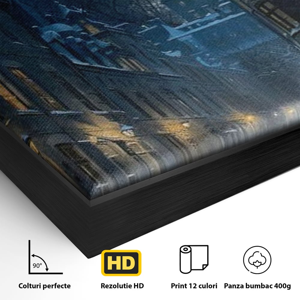 Detaliu al suprafetei: tablou canvas cu strada iarna noaptea, in rama de aluminiu negru