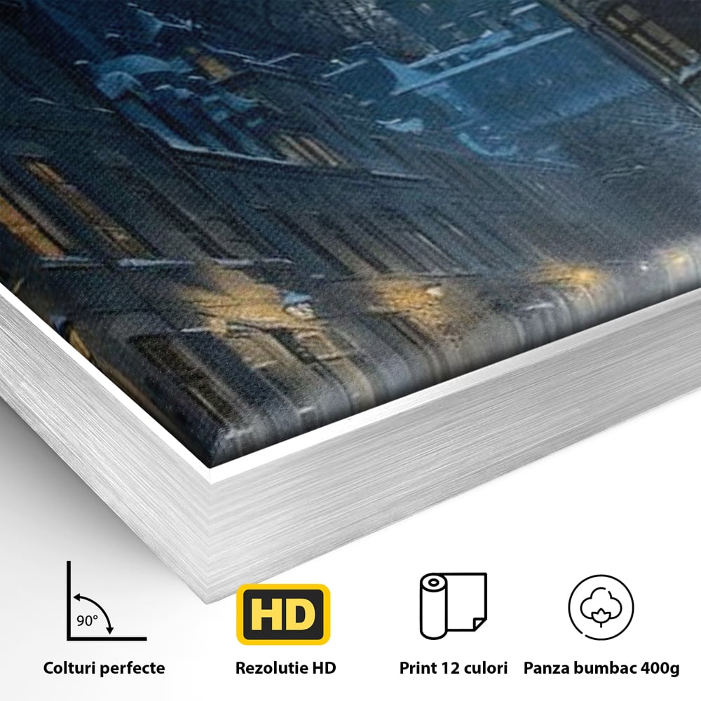 Detaliu al suprafetei: tablou canvas cu strada iarna noaptea, in rama de aluminiu argintiu