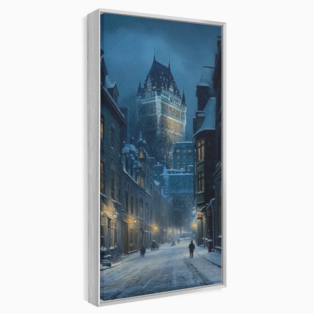 Tablou canvas cu tablou canvas cu strada iarna noaptea, in rama de aluminiu argintiu