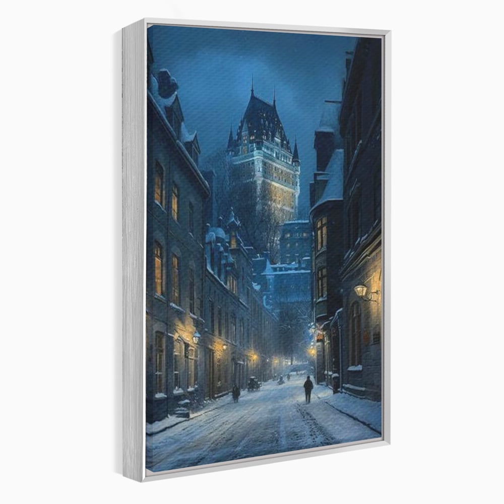 Tablou canvas cu tablou canvas cu strada iarna noaptea, in rama de aluminiu argintiu