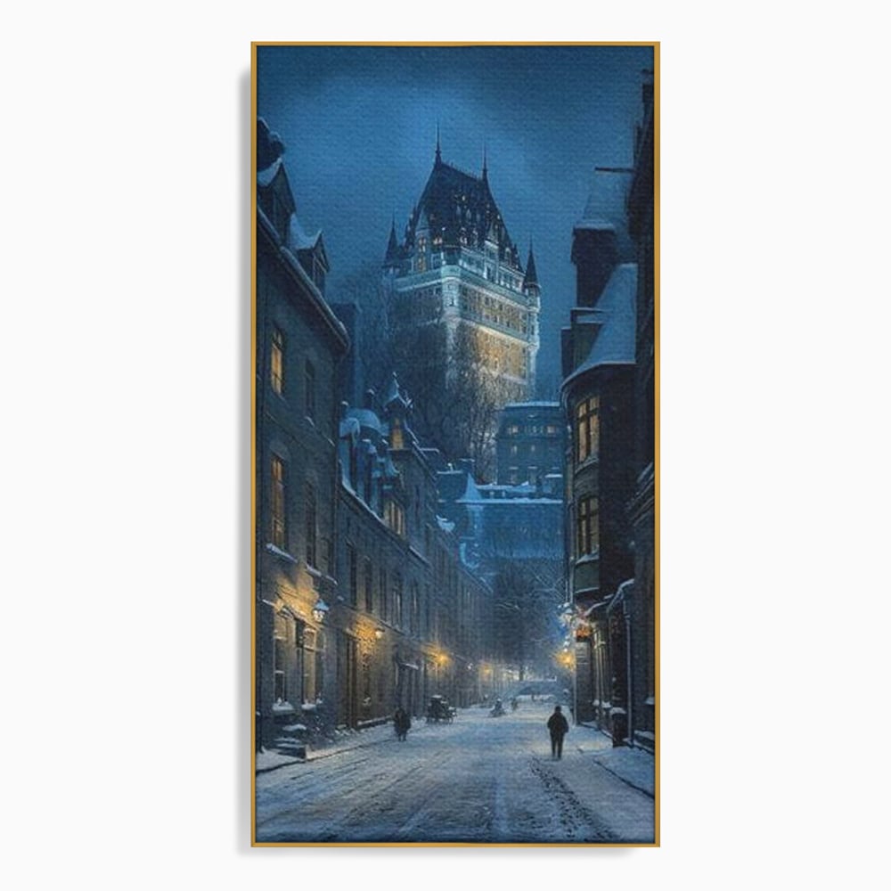 Tablou canvas cu tablou canvas cu strada iarna noaptea, in rama de aluminiu auriu