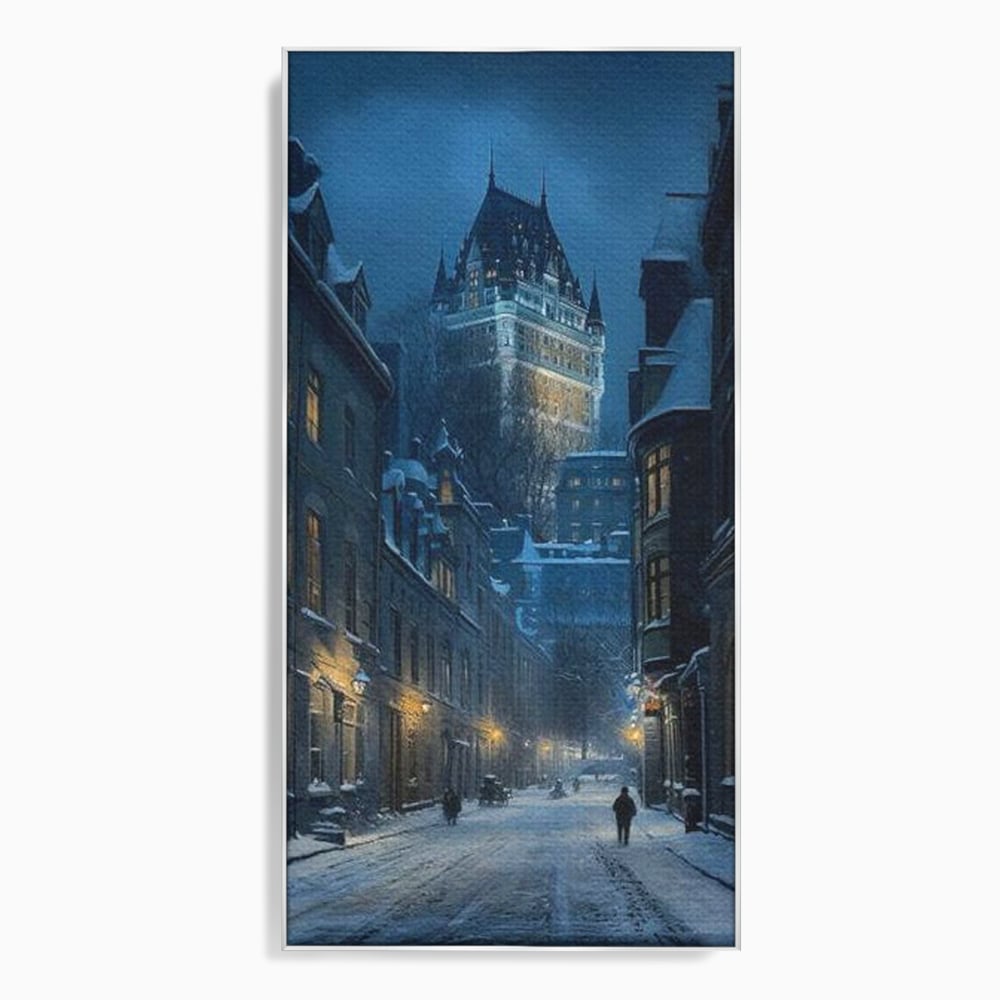 Tablou canvas cu tablou canvas cu strada iarna noaptea, in rama de aluminiu argintiu