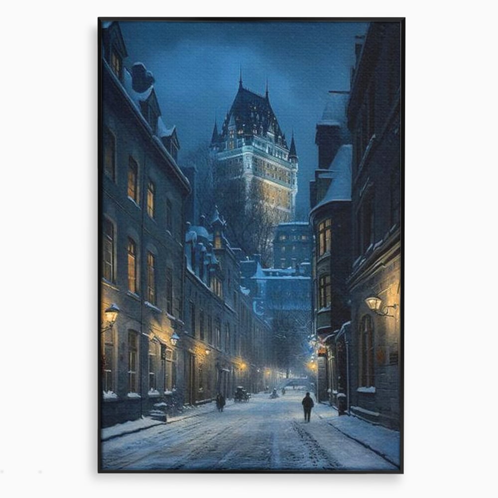 Tablou canvas cu tablou canvas cu strada iarna noaptea, in rama de aluminiu negru