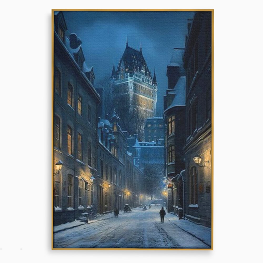 Tablou canvas cu tablou canvas cu strada iarna noaptea, in rama de aluminiu auriu