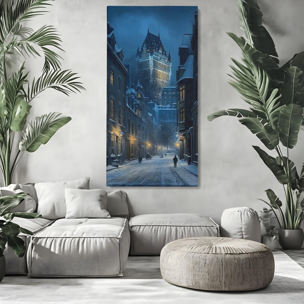 Tablou canvas cu tablou canvas cu strada iarna noaptea, fara rama, pe sasiu de lemn, pe perete intr-un living
