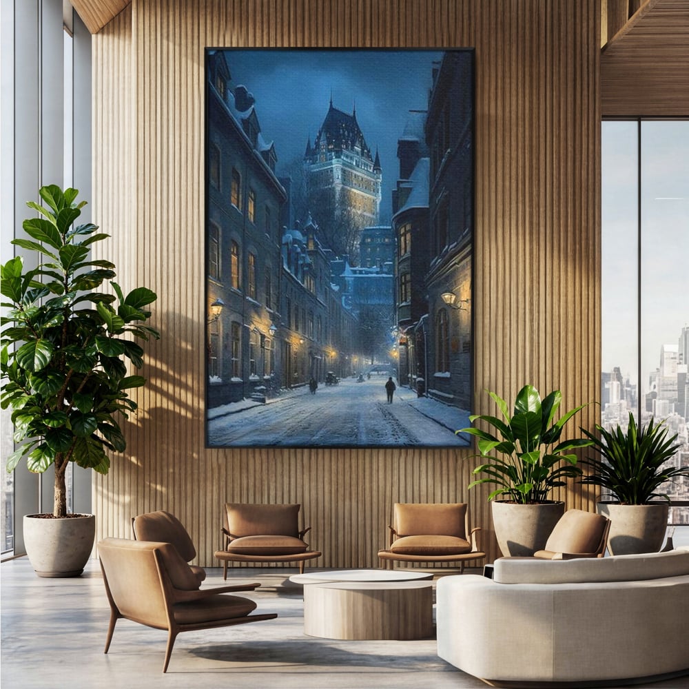 Tablou canvas cu tablou canvas cu strada iarna noaptea, in rama de aluminiu negru, pe perete intr-un birou