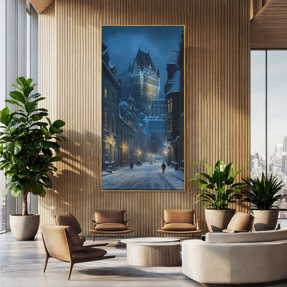 Tablou canvas cu tablou canvas cu strada iarna noaptea, in rama de aluminiu auriu, pe perete intr-un birou