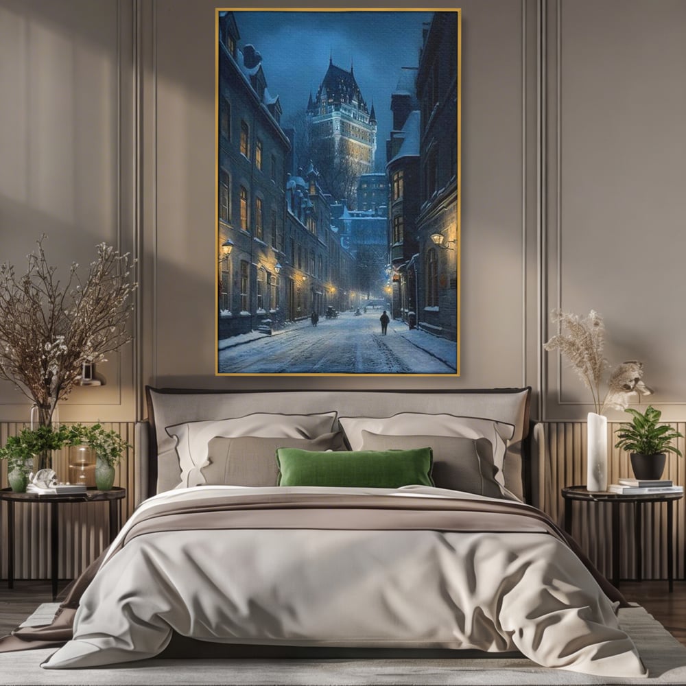 Tablou canvas cu tablou canvas cu strada iarna noaptea, in rama de aluminiu auriu, pe perete intr-un dormitor